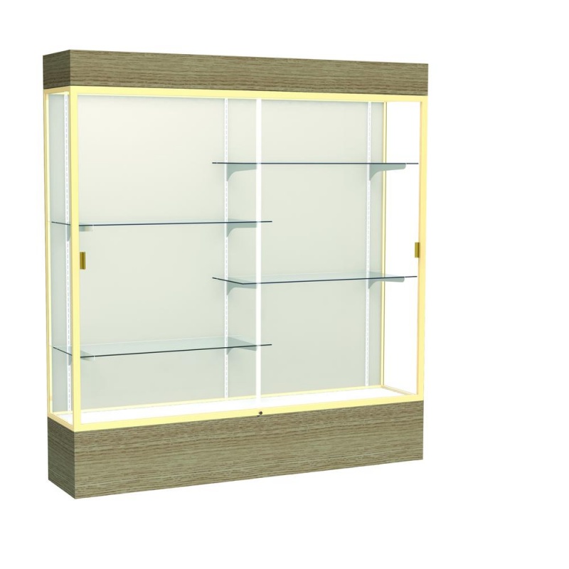 Reliant 72"W X 80"H X 16"D Lighted Floor Case, Plaque Back, Champagne Finish, Driftwood Base