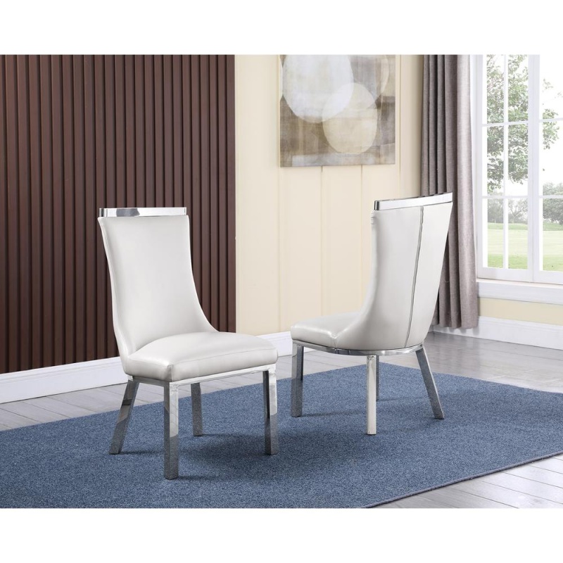 White Marble Lazy-Susan Dining Set Stainless Steel Chairs In White Faux Leather