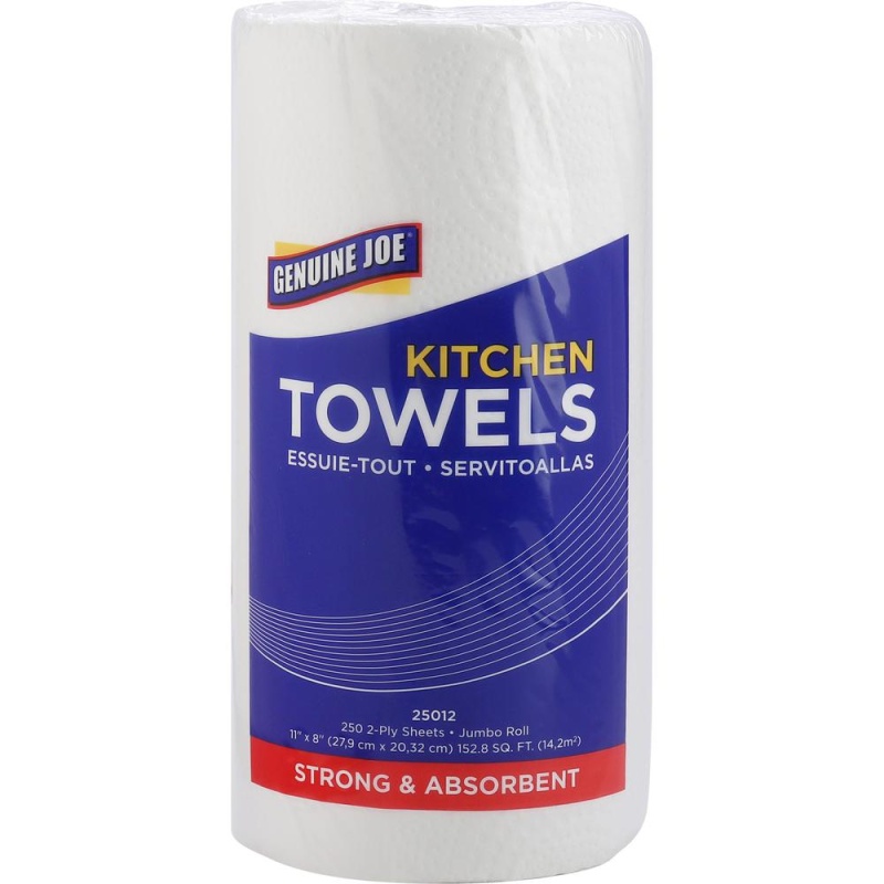 Genuine Joe Paper Towels - 2 Ply - 8" X 11" - 250 Sheets/Roll - 1.63" Core - White - Paper - Perforated, Absorbent, Soft, Chlorine-Free - For Kitchen, Multipurpose, Hand, Breakroom - 12 / Carton