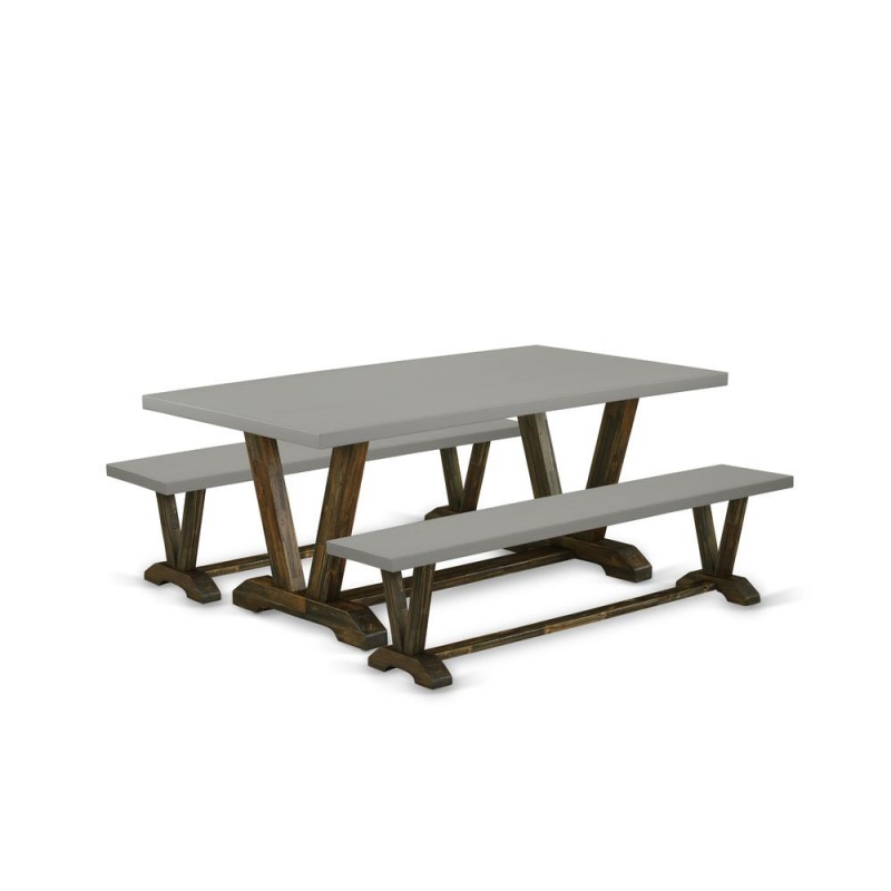 East West Furniture V2-797 3 Piece Table Set - 1 Cement Dining Table And 2 Mid Century Modern Benches - Stable And Durable Construction - Distressed Jacobean Finish