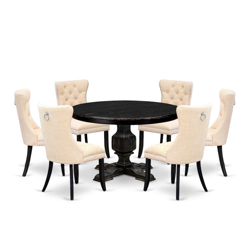 7-Pc Dining Table Set with 6 Light Beige Chairs