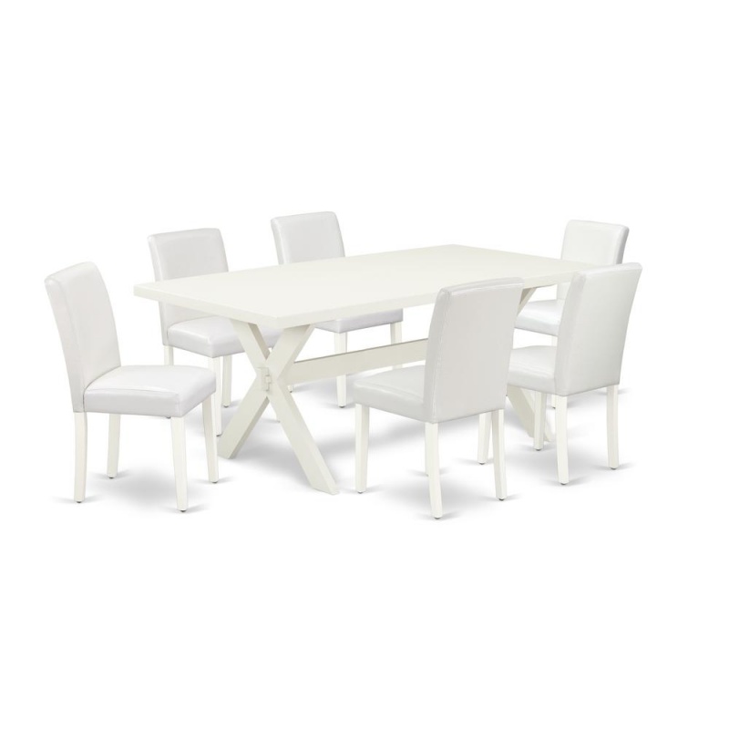 East West Furniture X027ab264-7 7-Piece Amazing Dining Room Table Set An Excellent Linen White Kitchen Table Top And 6 Awesome Pu Leather Dining Chairs With Stylish Chair Back, Linen White Finish