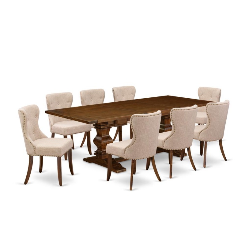 East-West Furniture Lasi9-88-04 - A Dinette Set Of 8 Excellent Kitchen Dining Chairs With Linen Fabric Linen Tan Color And A Gorgeous Rectangular Wooden Dining Table Using Antique Walnut