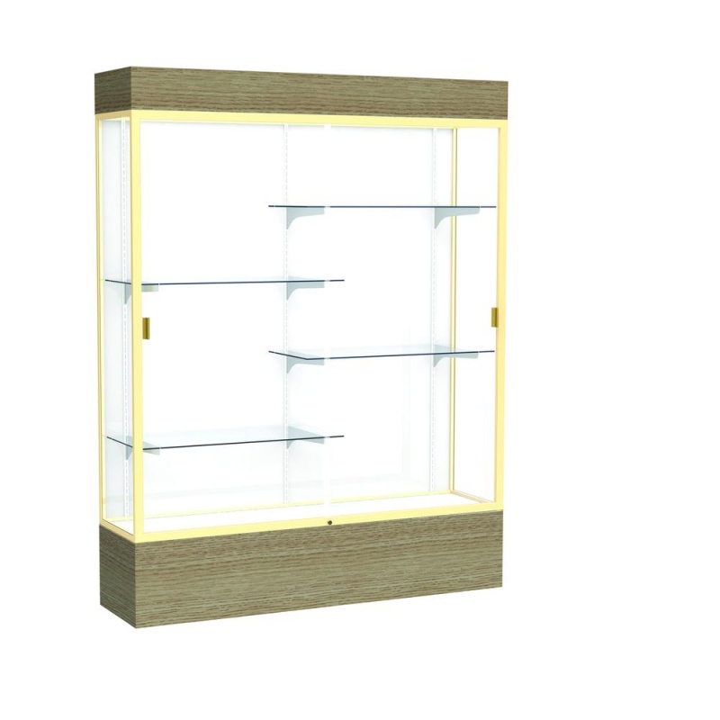 Reliant 60"W X 80"H X 16"D Lighted Floor Case, White Back, Champagne Finish, Driftwood Base