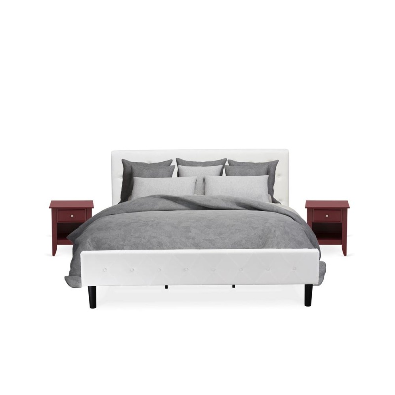Nl19k-2Ga13 3 Piece Bed Set - 1 Platform Bed White Velvet Fabric Headboard And 2 Night Stand - Burgundy Finish Nightstand