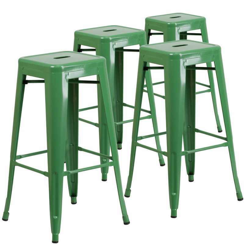 4 Pk. 30'' High Backless Green Metal Indoor-Outdoor Barstool With Square Seat