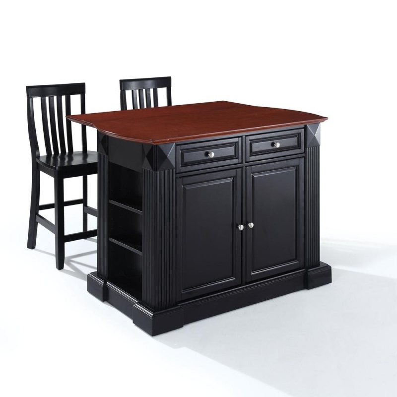 Coventry Drop Leaf Top Kitchen Island W/School House Stools Black/Black - Kitchen Island, 2 Counter Height Bar Stools