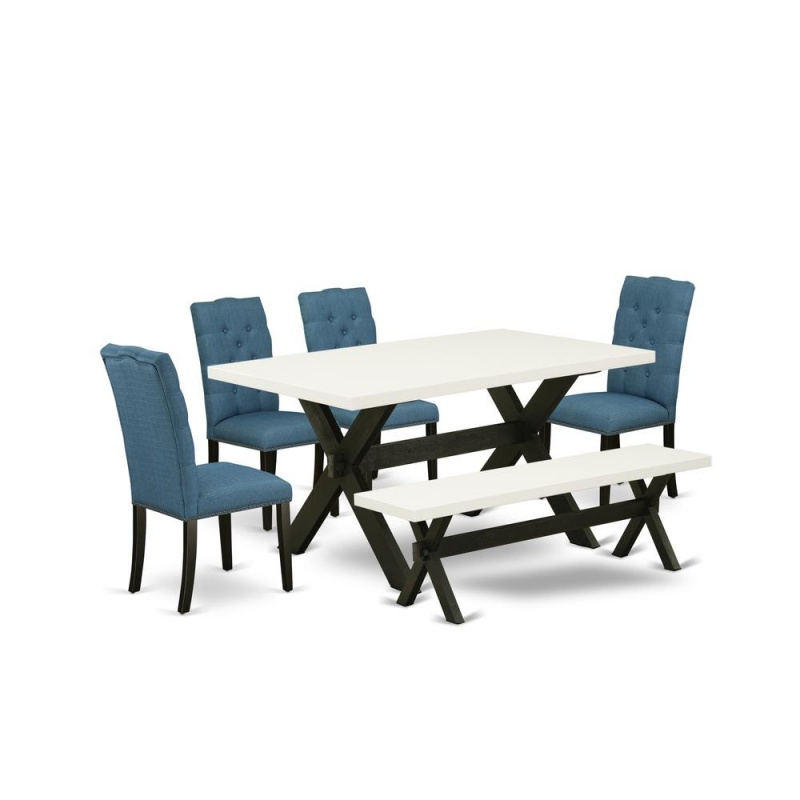 East West Furniture X626el121-6 6-Piece Gorgeous Dinette Set A Superb Linen White Color Dining Table Top And Linen White Color Kitchen Bench And 4 Stunning Linen Fabric Dining Chairs With Nail Heads a