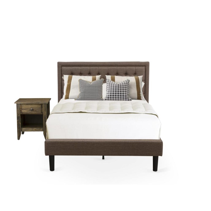Kd18f-1Ga07 2 Pc Bed Set - Full Size Bed Frame Brown Headboard With 1 Wooden Night Stand - Black Finish Legs