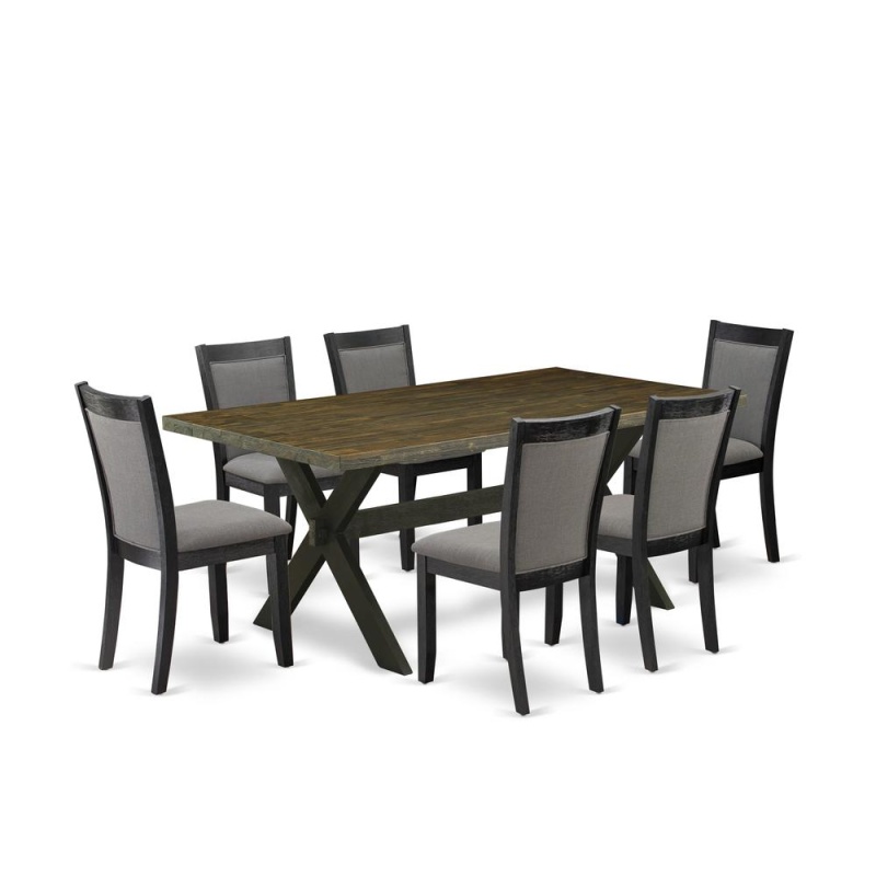 East West Furniture 7 Pc Dining Room Table Set - Distressed Jacobean Top Dinning Table With Trestle Base And 6 Dark Gotham Grey Linen Fabric Dining Chairs - Wire Brushed Black Finish