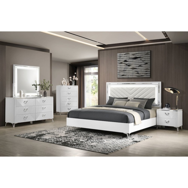 Cassia 5-Piece Queen LED Bedroom Set White High Gloss