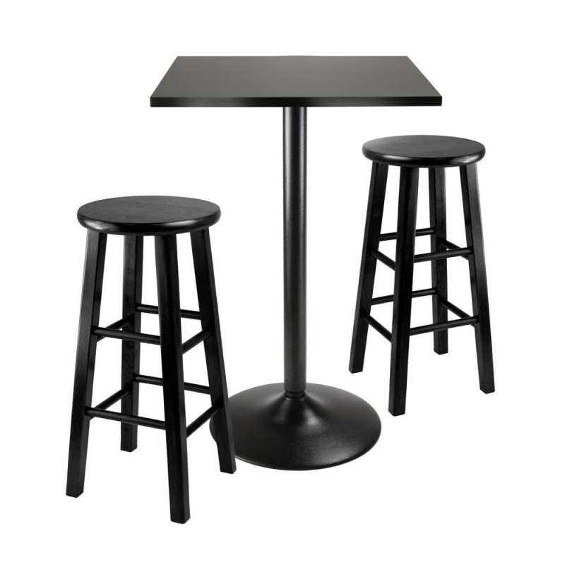 3Pc Counter Height Dining Set, Black Square Table Top And Black Metal Legs With 2 Wood Stools