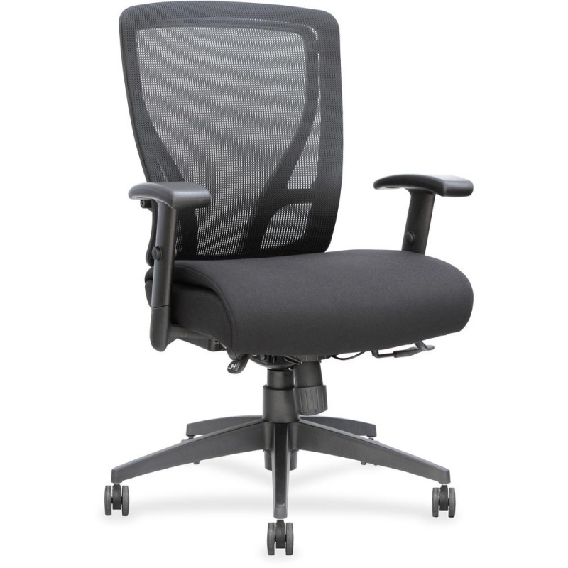 Lorell Fabric Seat Mesh Mid-Back Chair - Black Fabric Seat - Black Back - Plastic Frame - 5-Star Base - Black - 1 Each