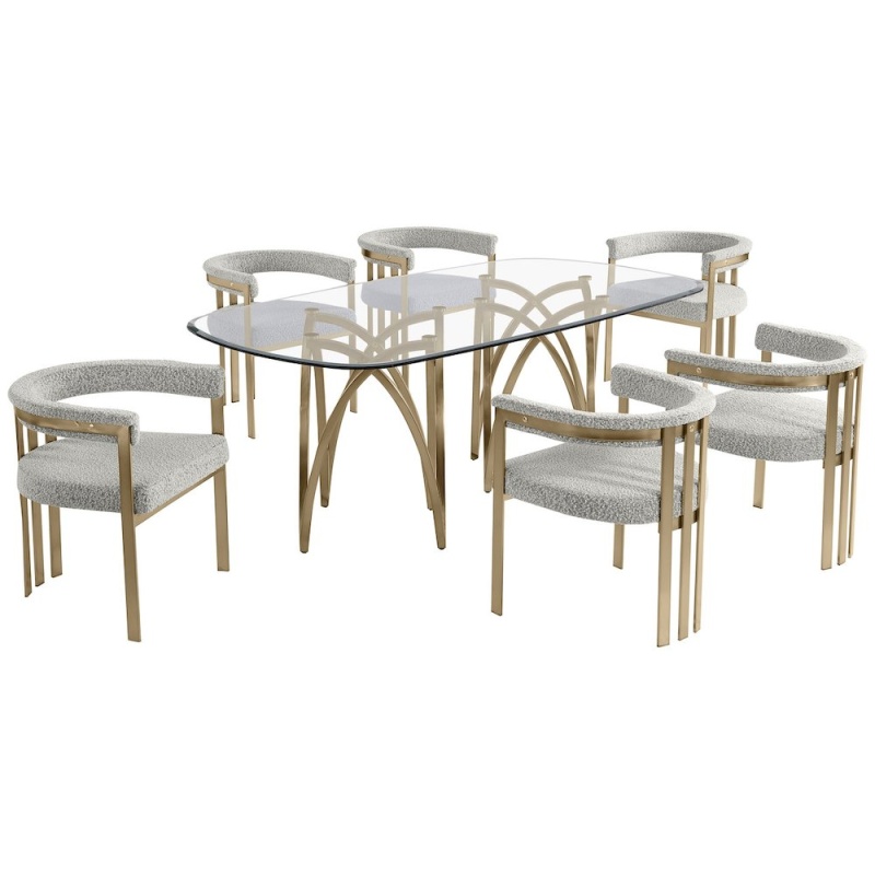 7Pc Tempered Glass Dining Table Set With 6 Side Chairs