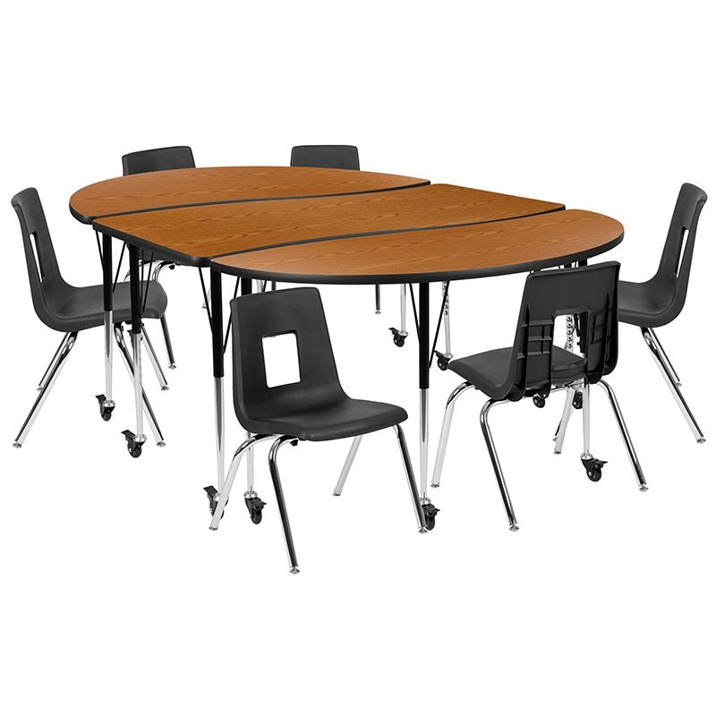 Mobile 86" Oval Wave Collaborative Laminate Activity Table Set With 16" Student Stack Chairs, Oak/Black