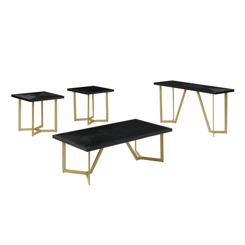 4Pc Black Wood Top Coffee Table Set W/ Gold Color Iron Base (1 Coffee+2End+1Console Table)