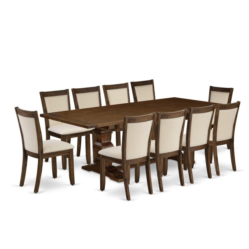 East West Furniture 11-Pieces Kitchen Table Set - 1 Modern Dining Table With Double Pedestal And 10 Light Beige Linen Fabric Modern Chairs With Stylish Back - Antique Walnut Finish