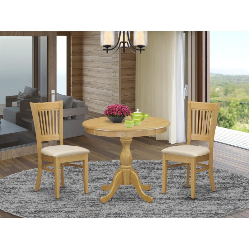 East West Furniture 3 Piece Dining Table Set Contains 1 Round Pedestal Table And 2 Oak Linen Fabric Wooden Kitchen Chairs With Slatted Back - Oak Finish