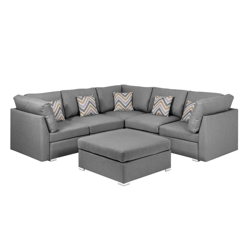 Amira Gray Fabric Reversible Sectional Sofa With Ottoman And Pillows