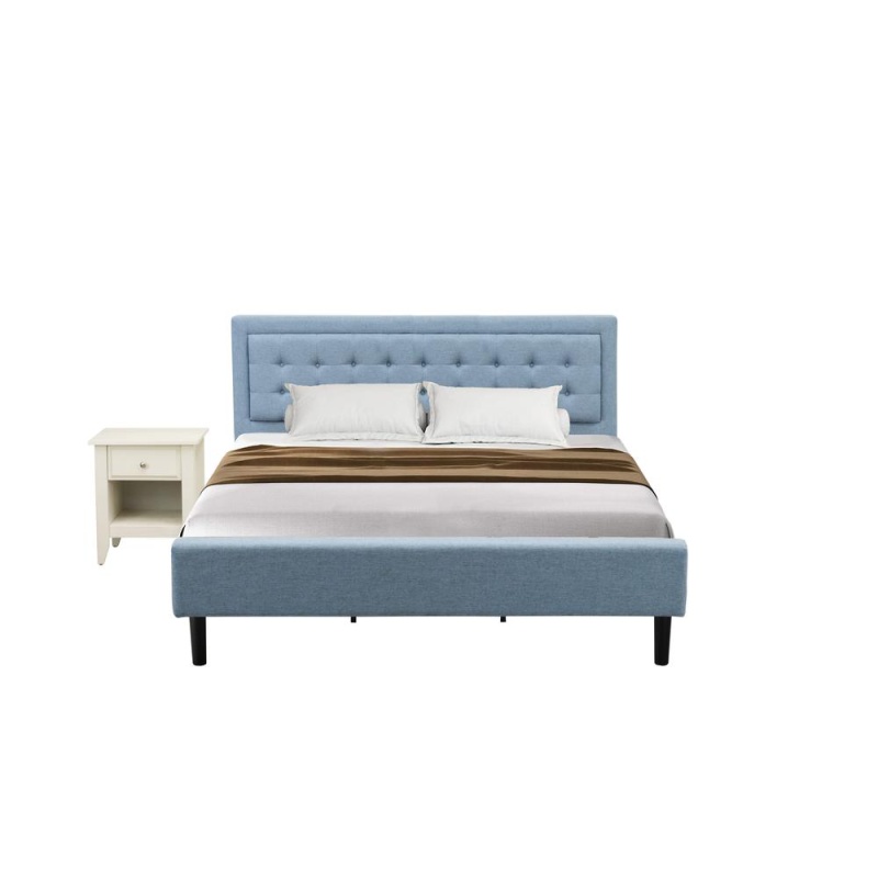 Fn11k-1Ga0c 2-Pc Fannin Bed Set With 1 King Frame And A Wire Brushed Butter Cream Modern Nightstand - Denim Blue Linen Fabric Bed