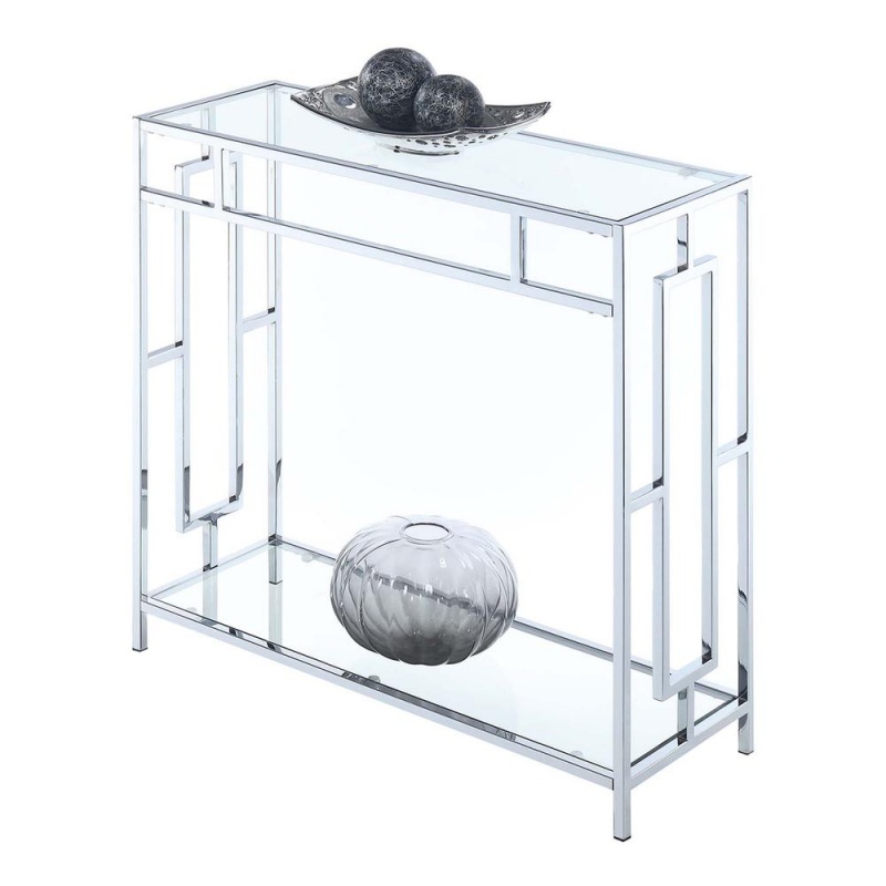 Town Square Chrome Hall Table With Shelf, Clear Glass/Chrome Frame