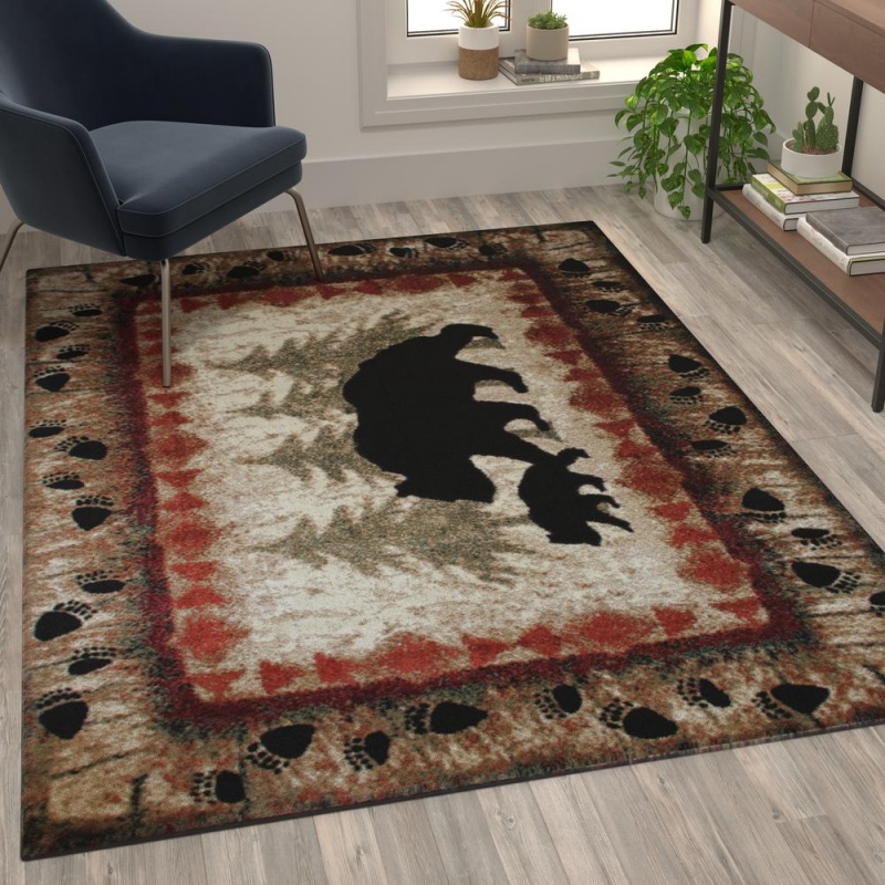 Ursus Collection 5' X 7' Rustic Lodge Wandering Black Bear And Cub Area Rug With Jute Backing