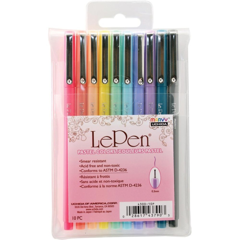 Marvy Lepen Fineliner Pen Set - Micro Fine Pen Point - Assorted Pastel - Assorted Pastel Barrel - 10 / Set