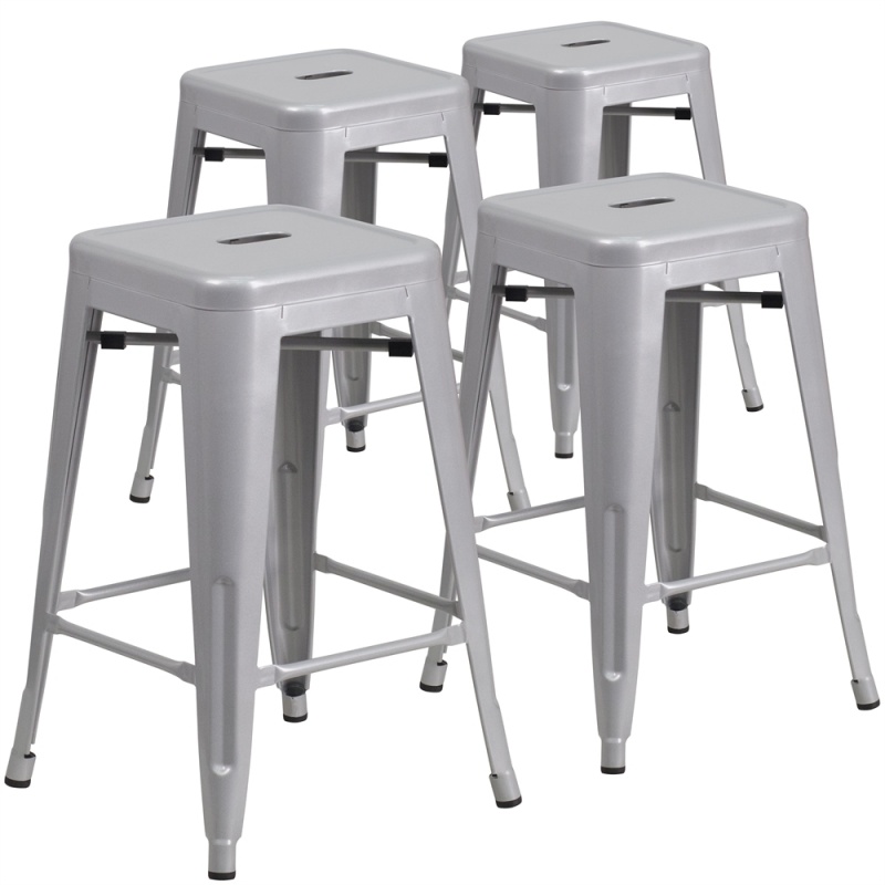 4 Pk. 24'' High Backless Silver Metal Indoor-Outdoor Counter Height Stool With Square Seat