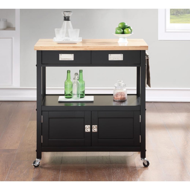 Os Home And Office Furniture Model Radford Black Kitchen Cart With Solid Rubberwood Top