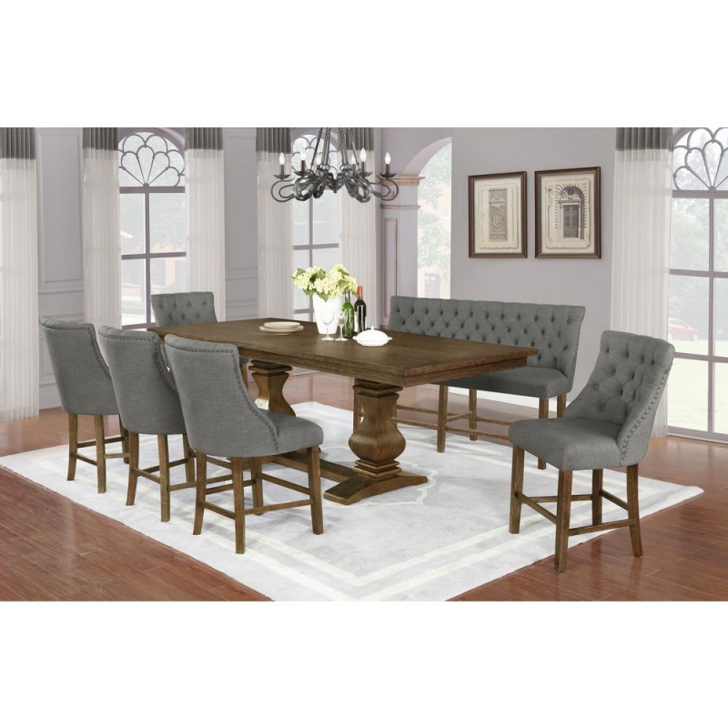 7Pc Counter Height Dining Set, 5 Chairs & 1 Bench In Dark Grey, Table W/ 18" Center Leaf In Walnut Finish