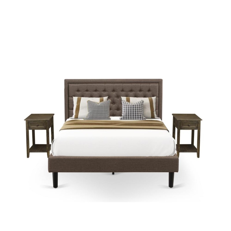 Kd18q-2De07 3 Pc Bed Set - Modern Bed Frame Brown Headboard With 2 Mid Century Nightstand - Black Finish Legs
