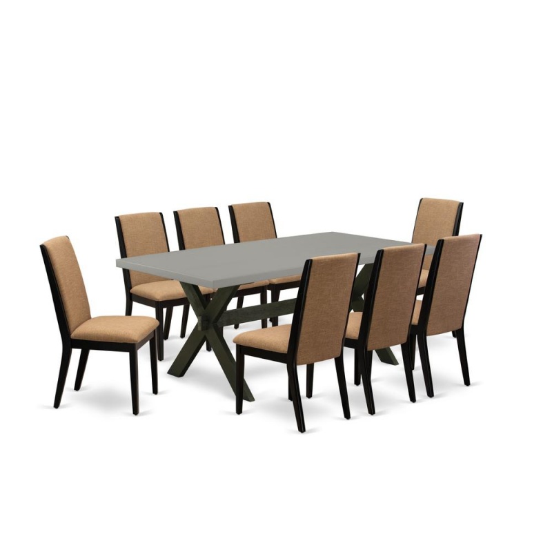 East West Furniture X697la147-9 9-Piece Awesome Dining Room Set An Excellent Cement Color Dining Table Top And 8 Stunning Linen Fabric Dining Room Chairs With Stylish Chair Back, Wire Brushed Black Fi