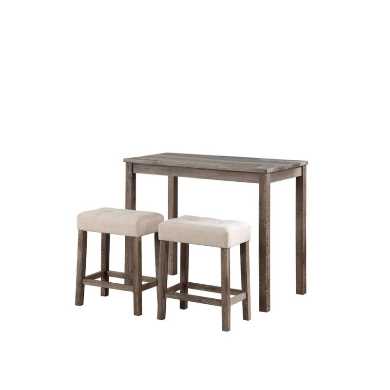 Lux Brown 3 Piece Counter Height 36" Pub Table Set With Tufted Creamy White Linen Stools