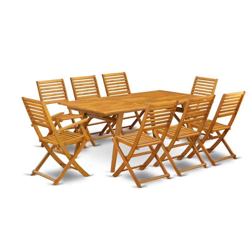 East West Furniture Debs92cana 9-Pc Small Patio Set- 8 Lawn Chairs With Ladder Back And Modern Coffee Table And Rectangular Top With Wooden Legs - Natural Oil Finish