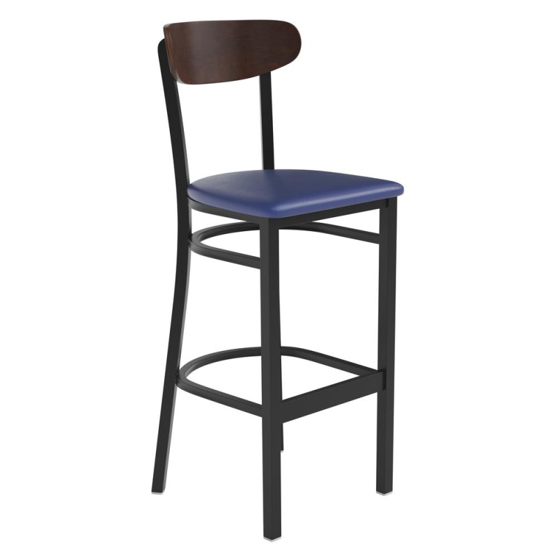 Barstool with Wooden Boomerang Back and Blue Vinyl Seat