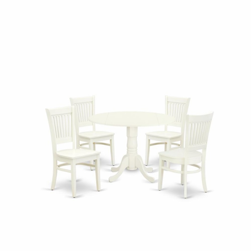 East West Furniture - Dlva5-Lwh-W - 5-Pc Dinette Room Set- 4 Dining Room Chairs With Wooden Seat And Slatted Chair Back - Drop Leaves Dining Table - Linen White Finish