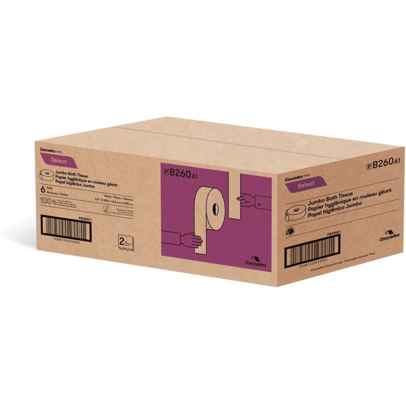 Cascades Pro Select Jumbo Toilet Paper - 2 Ply - 3.30" X 1900 Ft - White - Fiber - Soft, Durable, Long Lasting, Strong, Chlorine-Free - For Multi Surface, Multipurpose - 6 / Carton