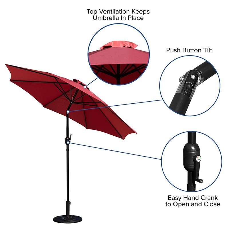 Red 9 Ft Round Umbrella With Crank And Tilt Function And Standing Umbrella Base