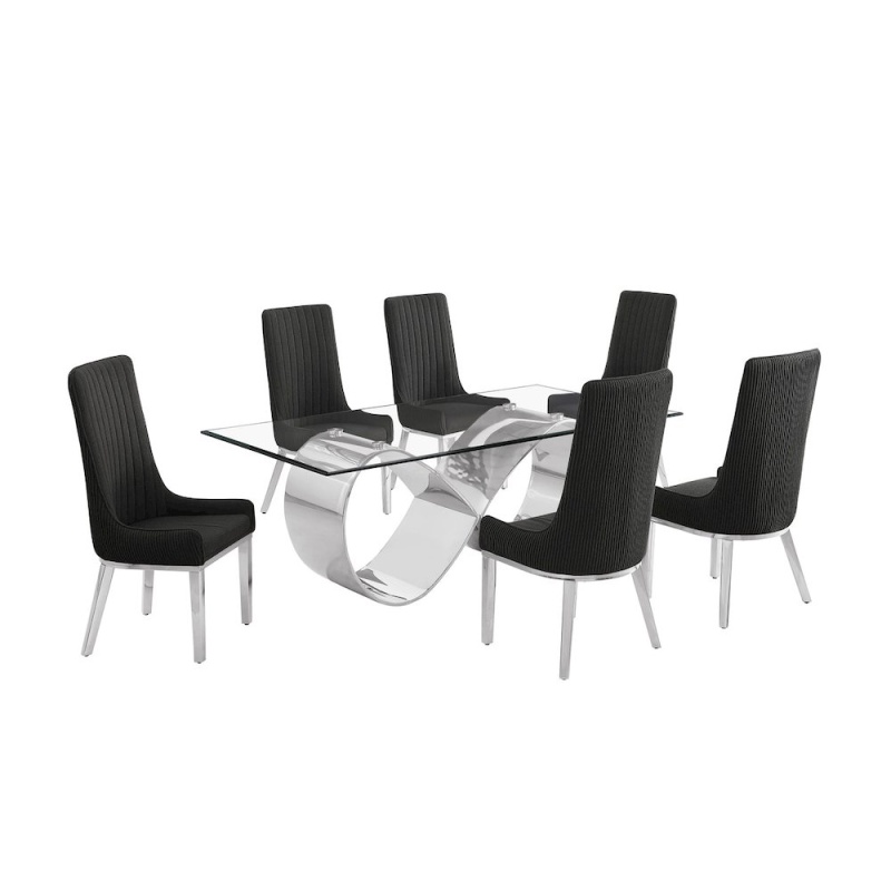 7-Piece Tempered Glass Dining Set with 6 Black Boucle Side Chairs