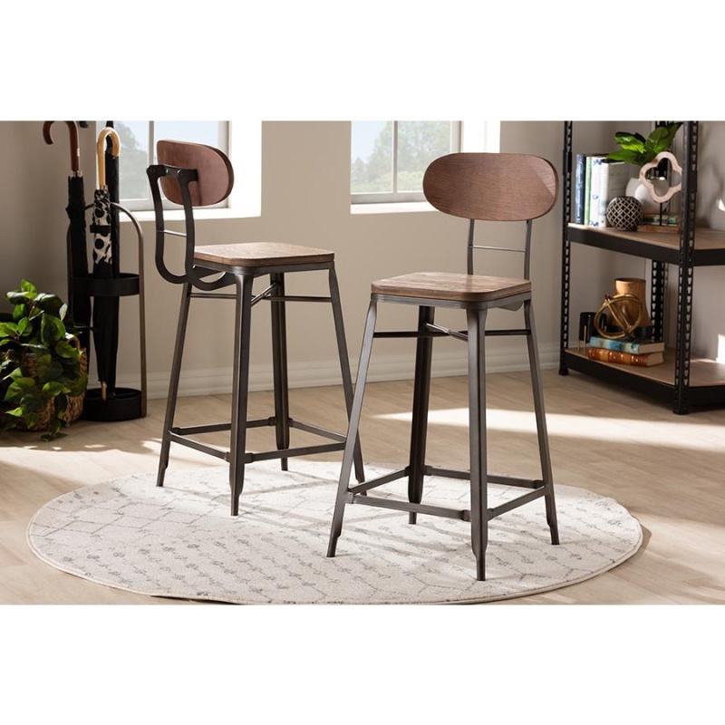 Baxton Studio Varek Vintage Rustic Industrial Style Bamboo And Rust-Finished Steel Stackable Counter Stool Set