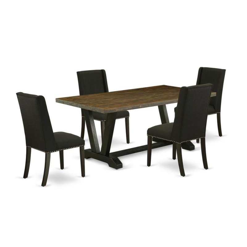 East West Furniture 5-Pc Included 4 Dining Chairs Upholstered Nails Head Seat And Stylish Chair Back And Rectangular Dining Table With Distressed Jacobean Dining Table Top - Black Finish