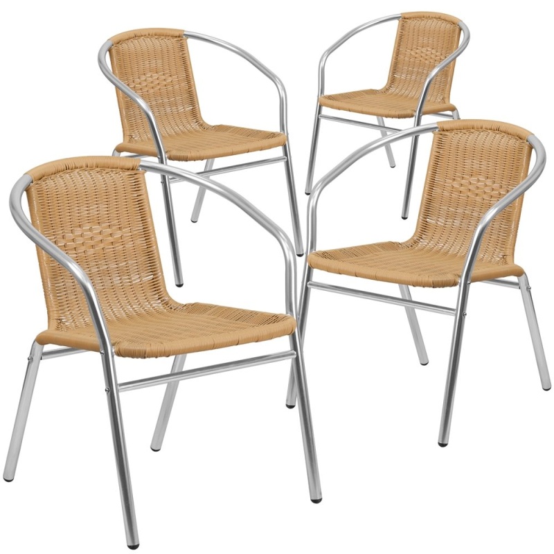 4 Pk. Aluminum and Beige Rattan Indoor-Outdoor Restaurant Chairs