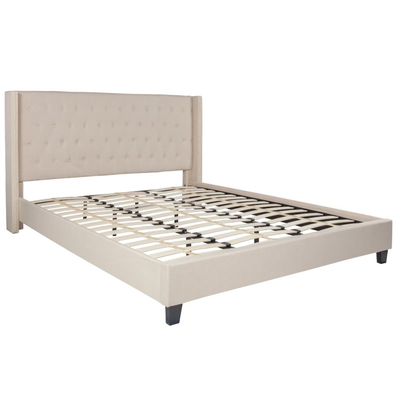 King Size Tufted Upholstered Platform Bed In Beige Fabric