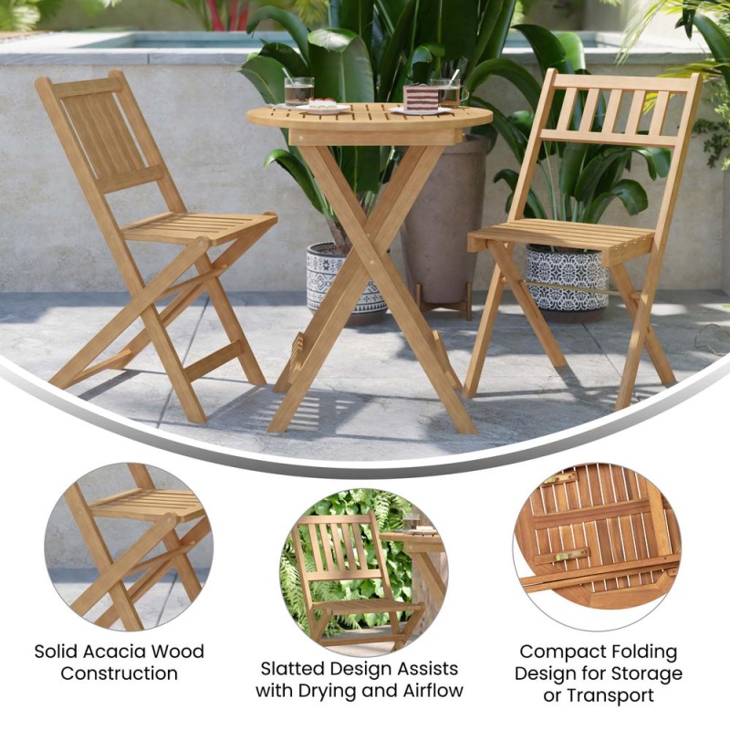 Martindale 3 Piece Folding Patio Bistro Set, Indoor/Outdoor Acacia Round Wood Table And 2 Chair Set With Slatted Design, Natural Finish