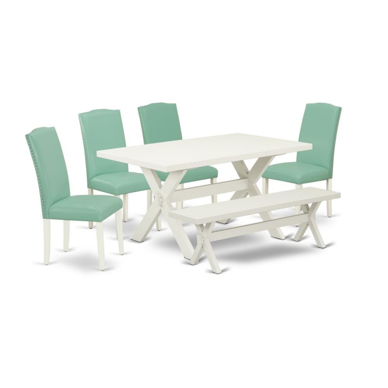 East West Furniture 6-Piece Wood Dining Table Set-Pond Linen Fabric Seat And Button Tufted Chair Back Kitchen Chairs, A Rectangular Bench And Rectangular Top Dining Room Table With Wooden Legs - Linen