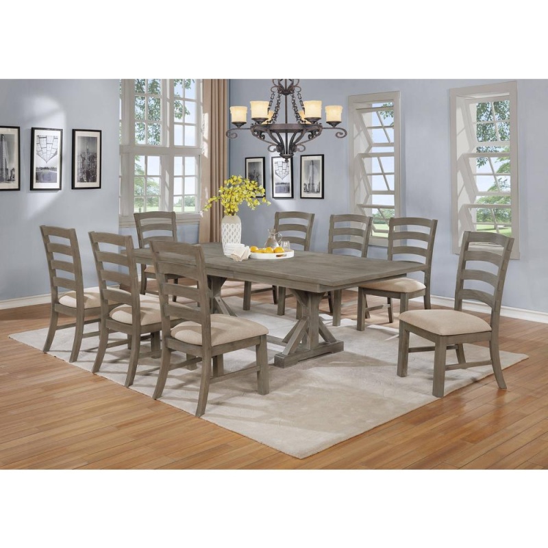 Classic 9Pc Dining Set With Extendable Dining Table With 18" Leaf And Wood And Linen Side Chairs