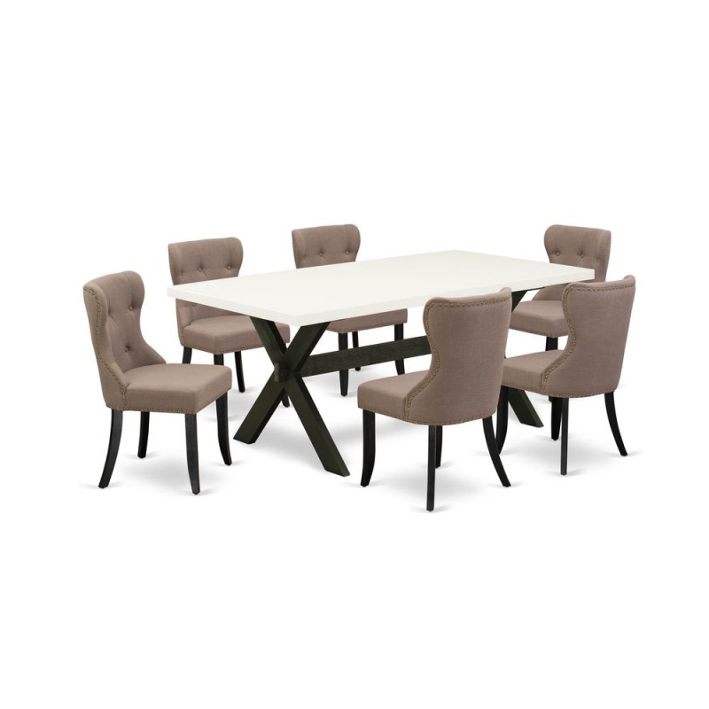 East West Furniture 7-Pc Mid Century Dining Table Set-Coffee Linen Fabric Seat And Button Tufted Back Kitchen Chairs And Rectangular Top Mid Century Dining Table With Wood Legs - Linen White And Wireb