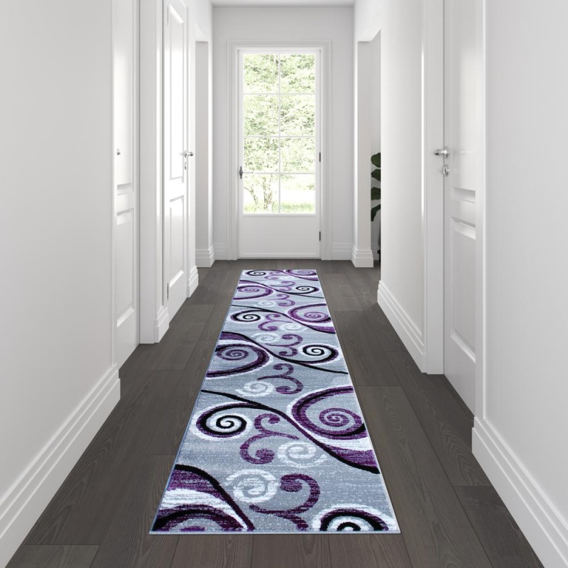 Valli Collection 2' X 11' Purple Abstract Area Rug - Olefin Rug With Jute Backing - Hallway, Entryway, Bedroom, Living Room