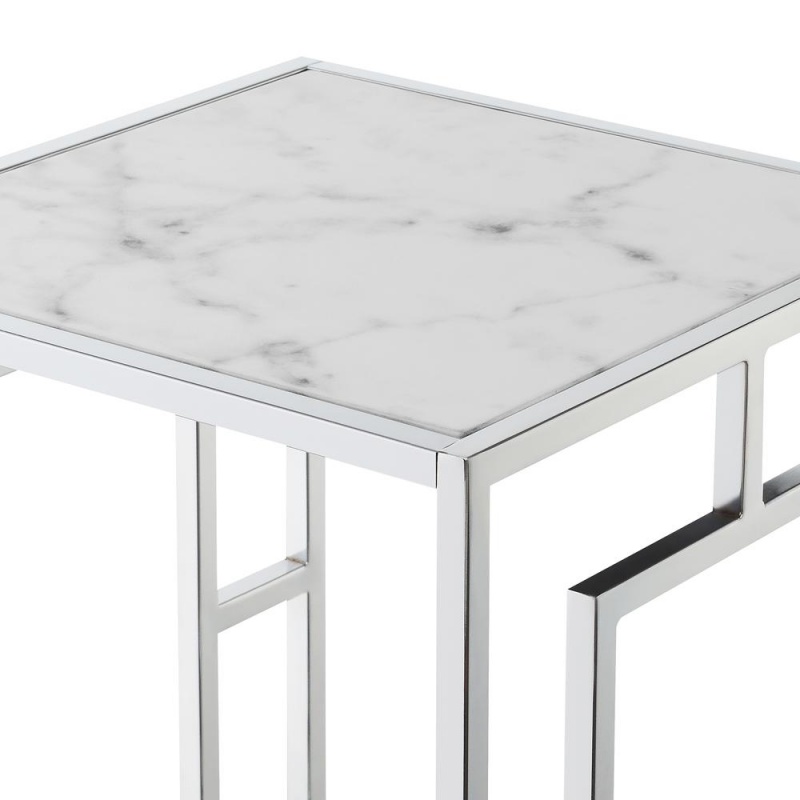 Town Square Chrome End Table, Faux White Marble/Chrome Frame