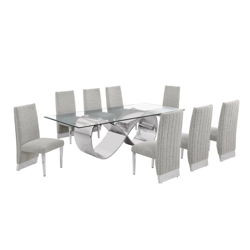 9Pc Tempered Glass Dining Set with 8 Rich Gray Boucle Side Chairs